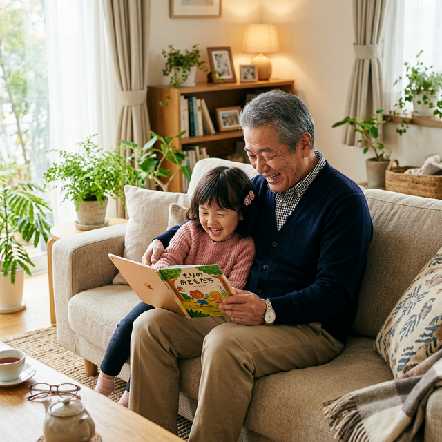 孫と笑顔で絵本を読むおじいちゃん
