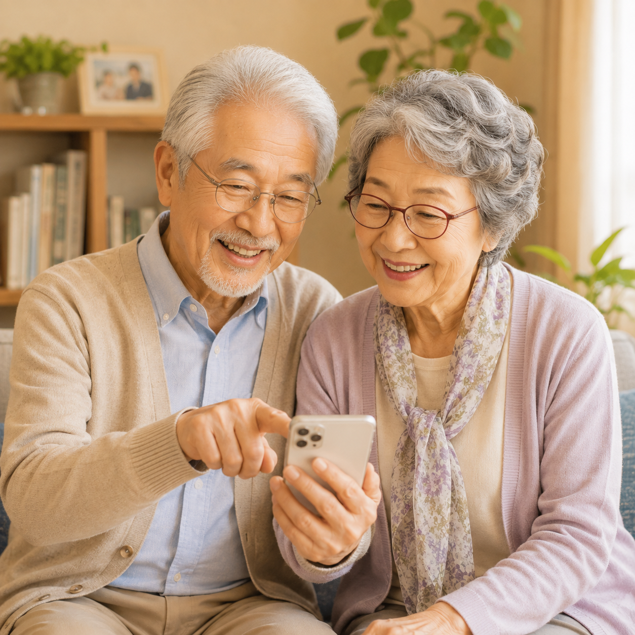 スマホの使い方を教え合うシニア二人