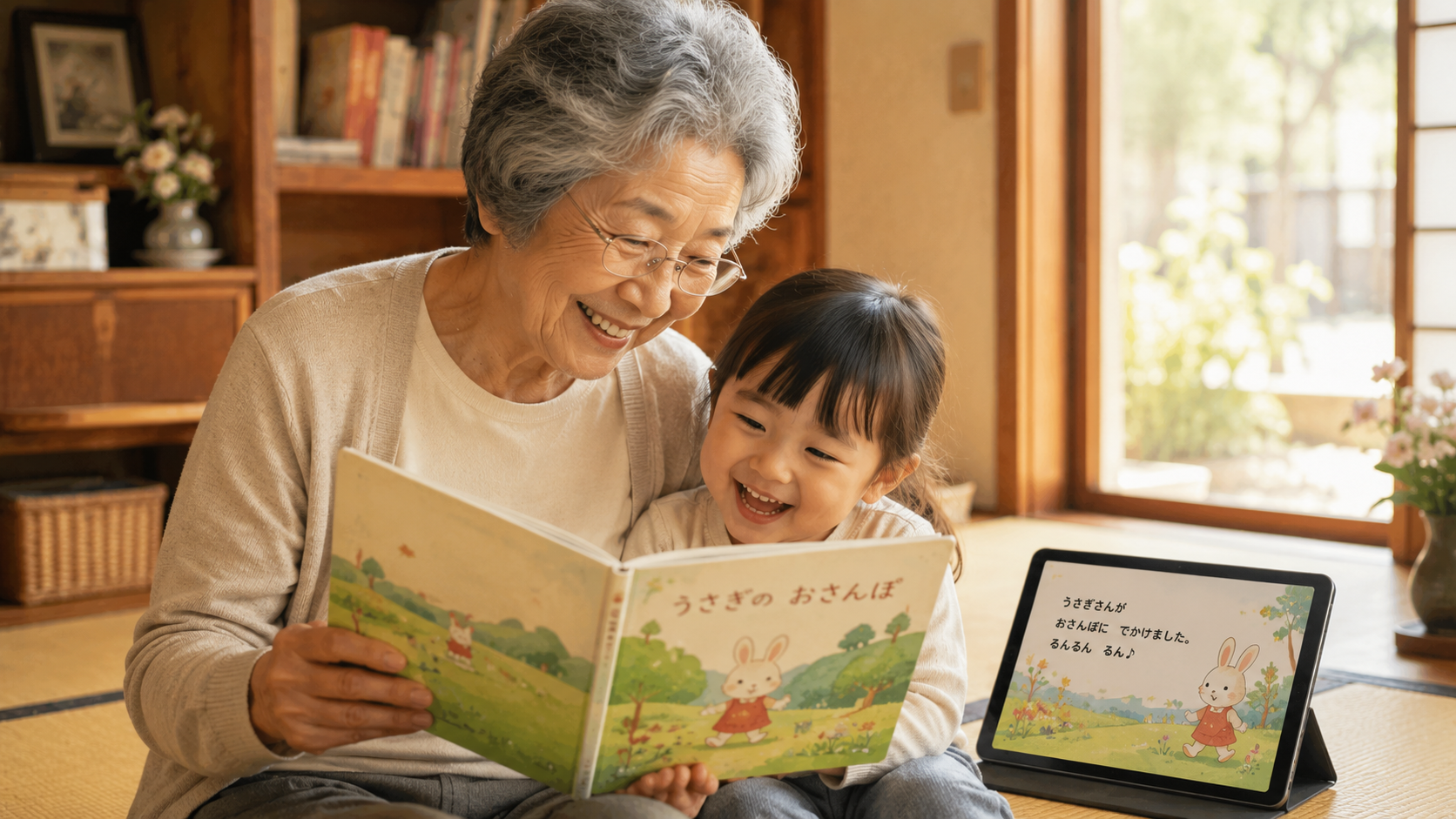 孫に手作り絵本を読み聞かせる受講生